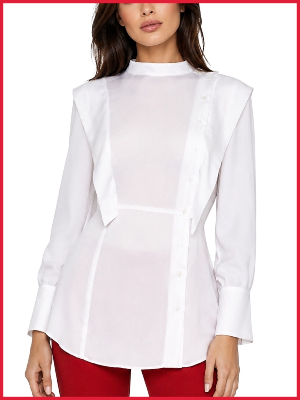 BCBGMaxAzria White Asymmetrical Button Front Long Sleeve Top
